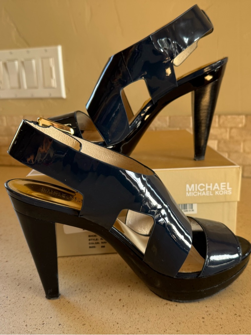 Michael Kors Navy Patent Leather Cutout Slingback Heels